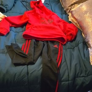 Adidas Red Hoodie and Black Track Pants Set